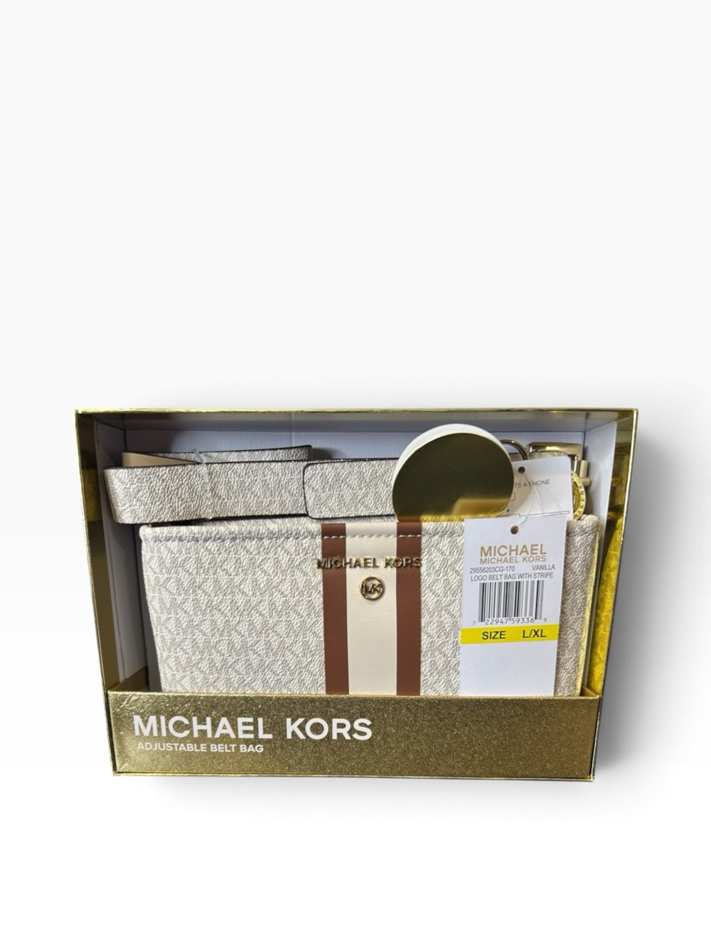 NWT Michael Kors Adjustable Belt Bag Vanilla MK Signature Center Stripe L/XL New